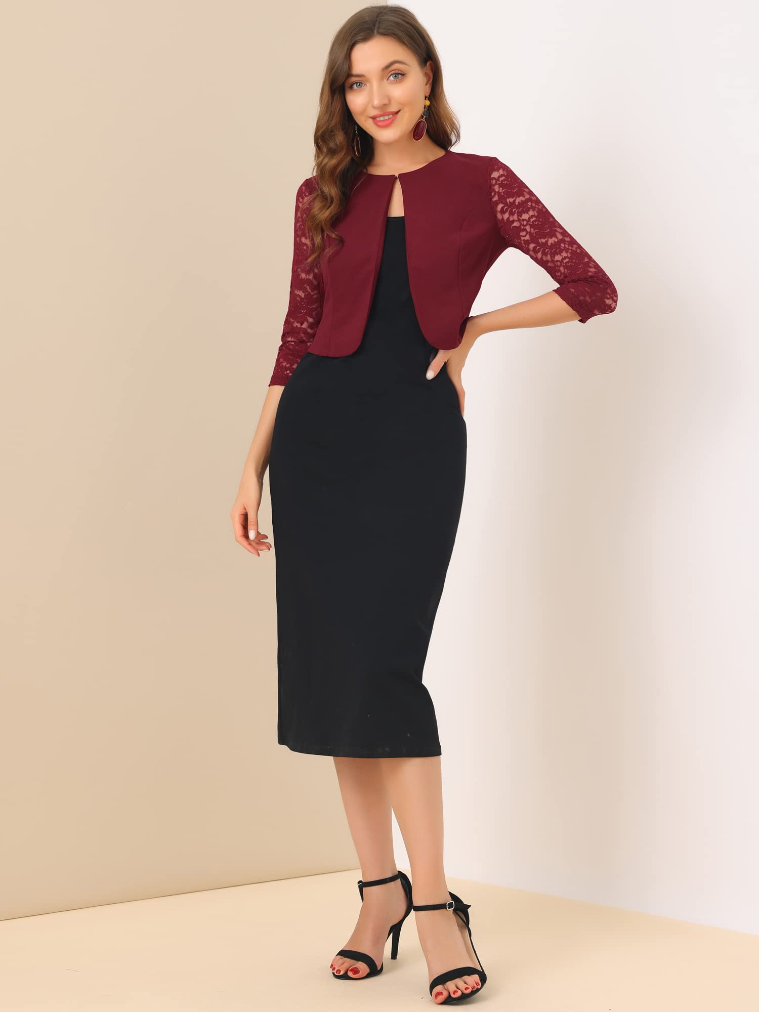 Allegra K Damen Festlich Spitze Bolero 3/4 Ärmel Rundhals Durchsichtig Shrug Elegant Jäckchen
