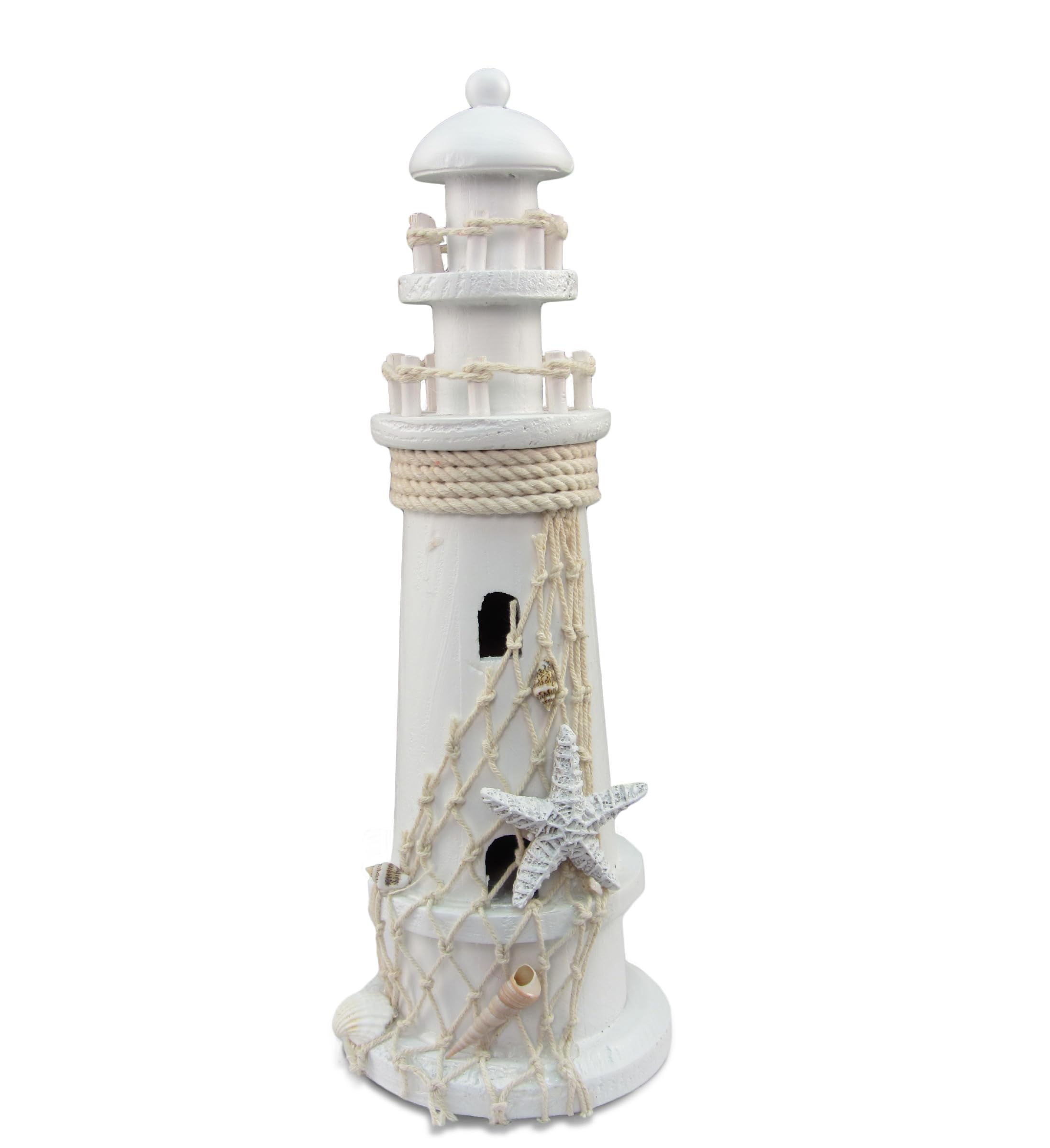 Puzzled White Wooden Lighthouse Decor - Handcrafted Nautical Lighthouse Table Top Decor, Lighthouse Sea Decorations for Home with Small Starfish Nautical Net, and Seashell Ocean Trinkets - 11 Inches