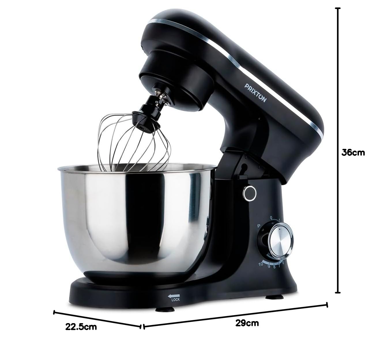 PRIXTON Batidora Amasadora KR250 para Repostería, Potencia 1500W, 10 Velocidades, Bol Acero Inoxidable de 5 litros, 3 accesorios, Tapa Transparente, Color Negro Mate