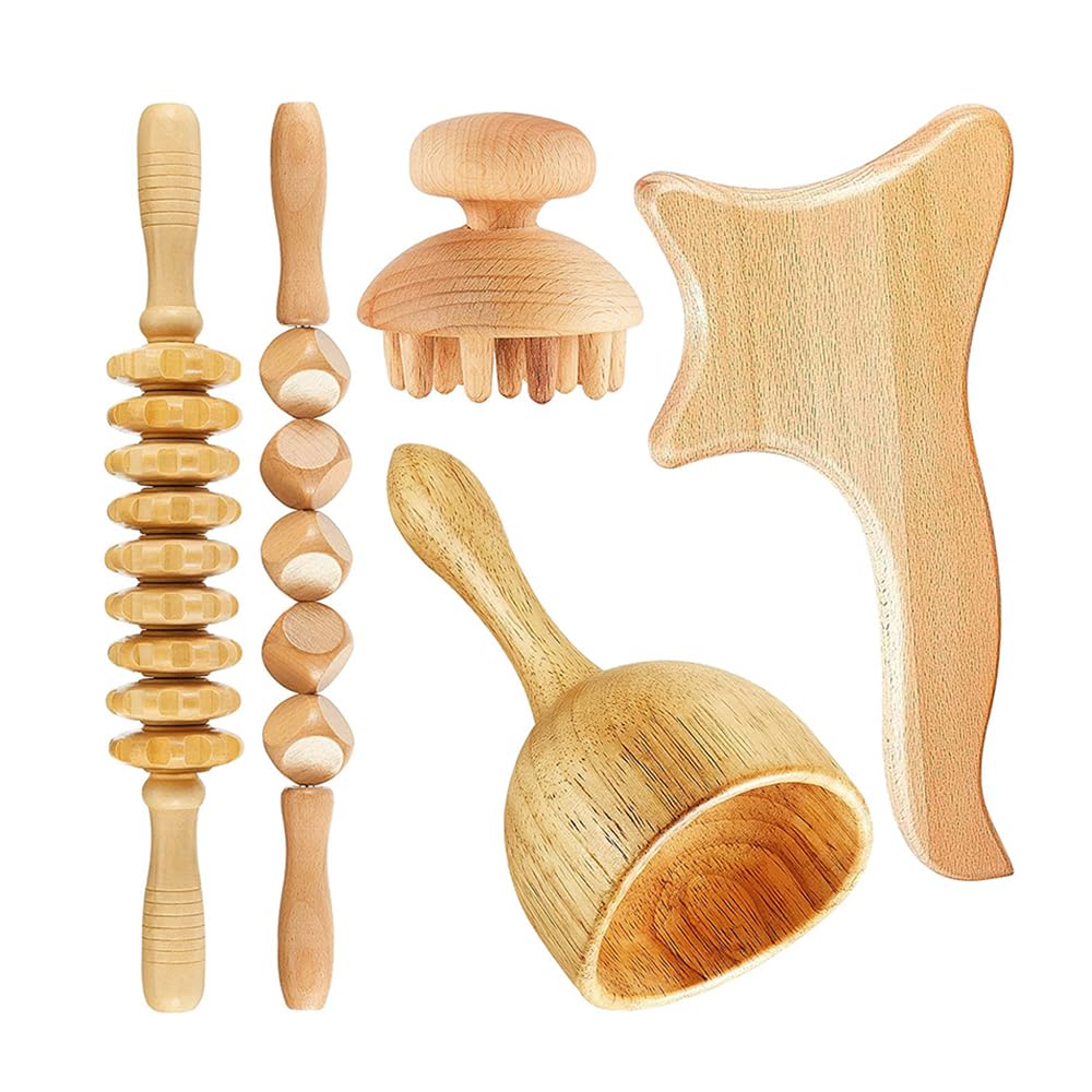 NEWFUN 5 in 1 Maderotherapie Set,Anti Cellulite Massagegerät Holz, Massageroller Faszienrolle Gua Sha Becher Massage Set,Strafft die Haut, für Nacken, Beine, Rücken, Stress Abbauen und Entspannung