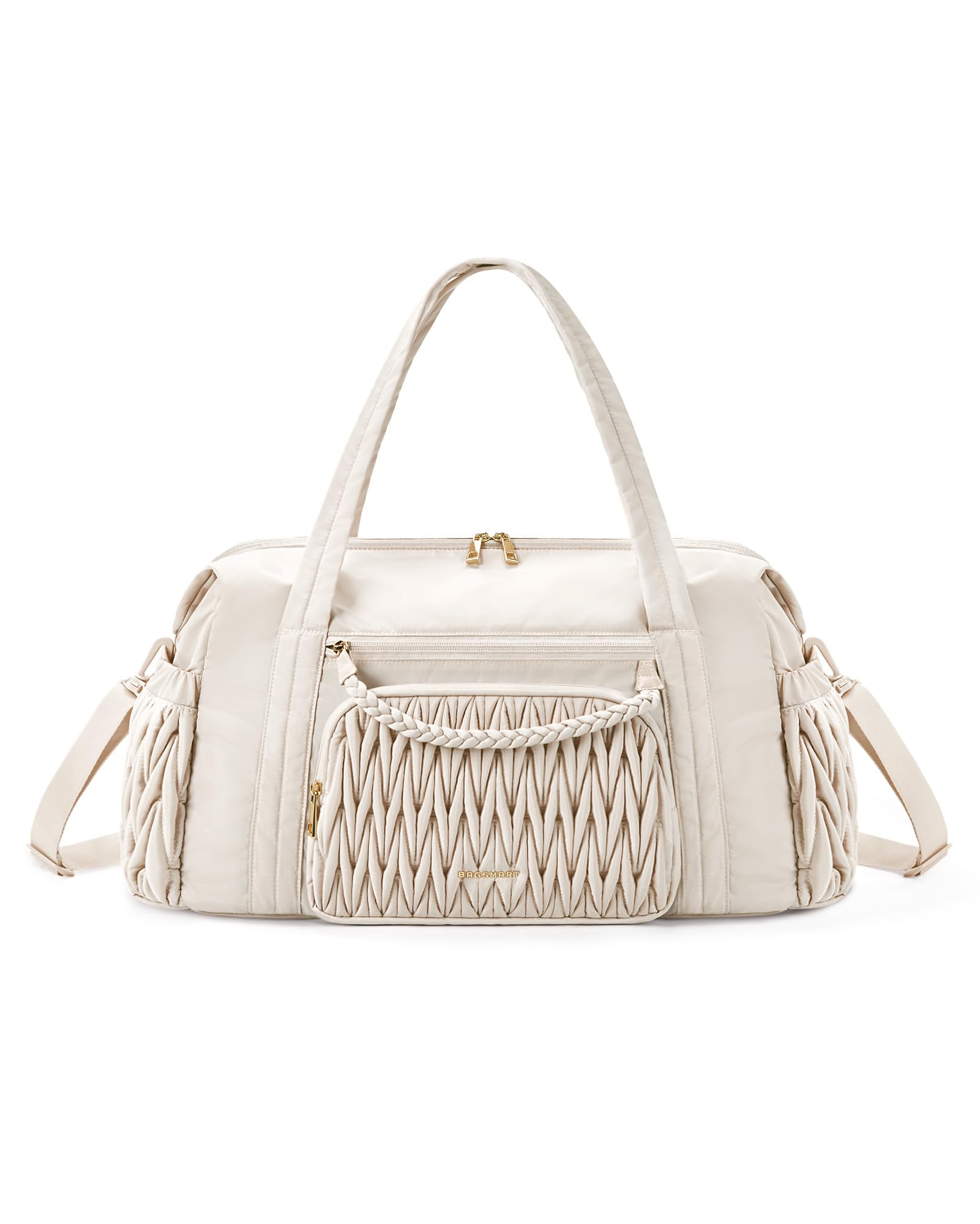 BAGSMART Quilted Duffle Bag for Women, Weekender Overnight Gym Travel Carry-On Bag, Beige