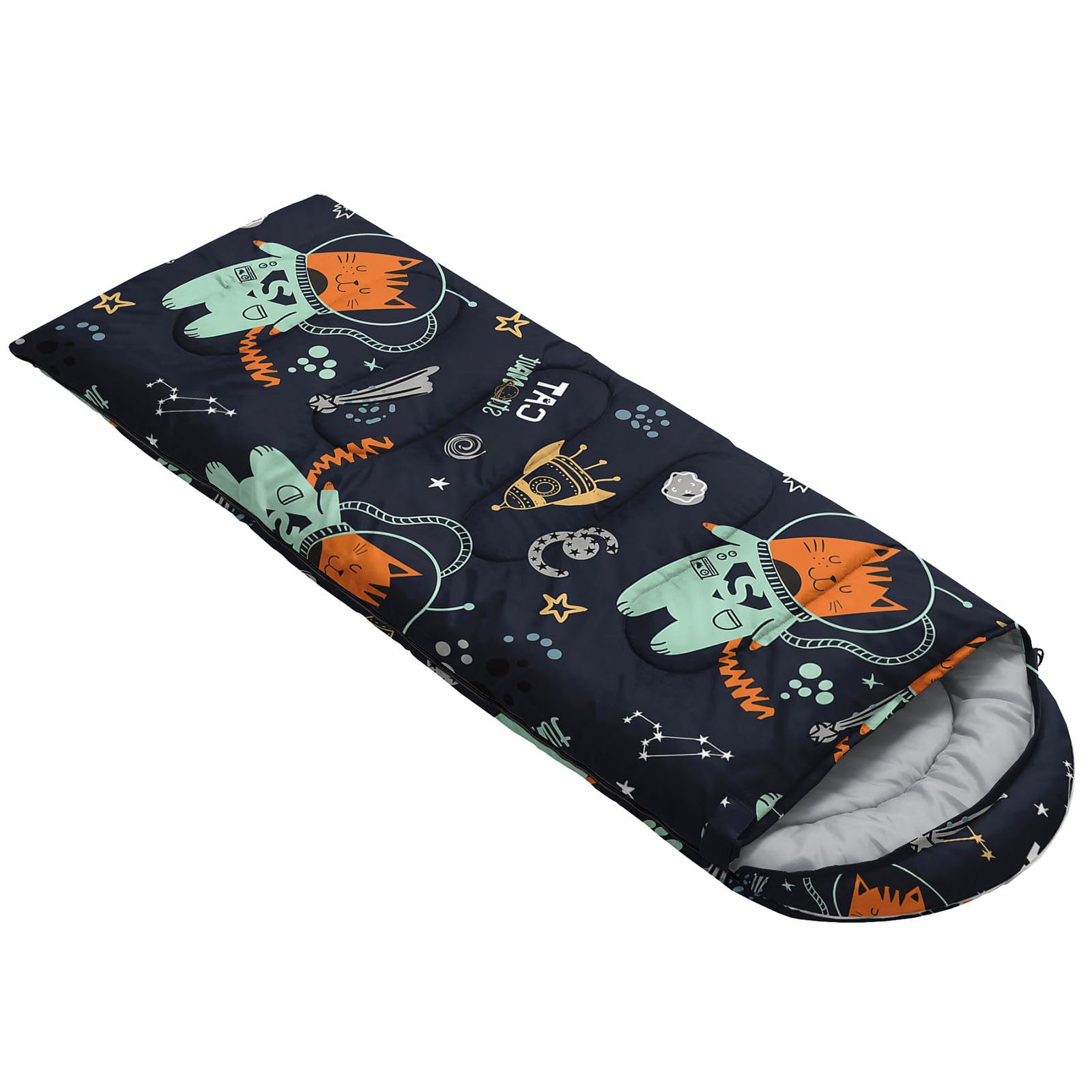 HOSIMA Kids Sleeping Bag for Boys Girls,Cat Astronaut Rocket Print-Lightweight Warm Portable Outdoor Indoor-Waterproof Cold Weather Resistant Sleeping Bag for Camping Hiking(Cat Astronaut) - Image 2