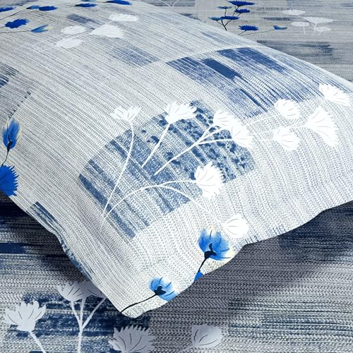 Image of Haus & kinder Double Bedsheet for Queen Size Bed | 90 x 100 Inches 144 TC Cotton Bedsheet for Double Bed with 2 Pillow Covers - Blue Flower Sketch