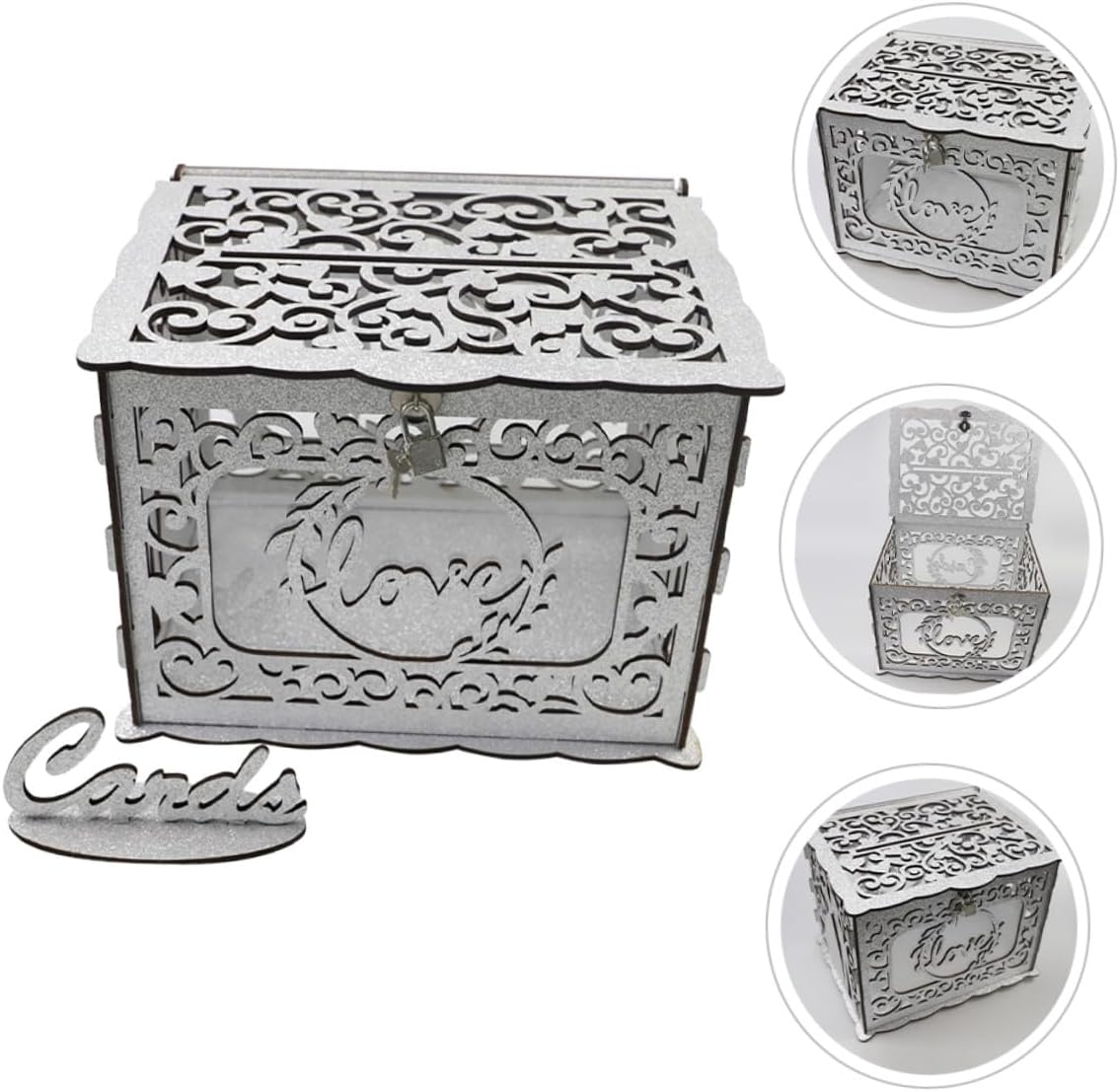 Wooden Hollow Glitter Wedding Card Box Greeting Card Holder Wood Storage Container for Birthday Anniversary Reception Decor