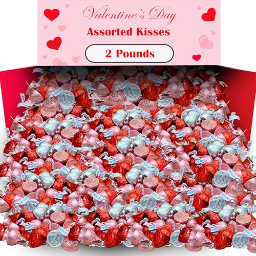Valentine's Candy Hershey Kisses Bulk, 2 Lbs, Milk Chocolate Kisses Mix In Red-Pink-Silver Foils, Valentine's Chocolate Kisses Variety Assortment, Individually Wrapped Candy Food Gift