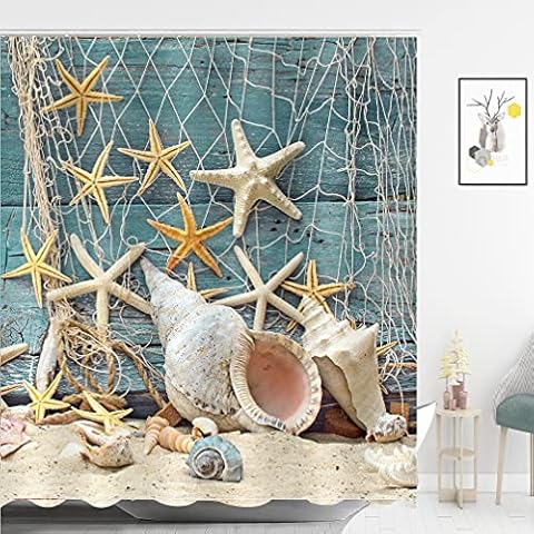 ABxinyoule Beach Shower Curtain Seashell Beach Theme Starfish Shell Waterproof Fabric Bathroom Cover
