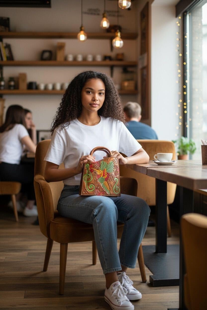 ELEGANCIA Women's Handcrafted Tooled Genuine Leather Shoulder Bag | Top Handle, Small Purse, Adjustable Strap, Removable Strap, Elegant