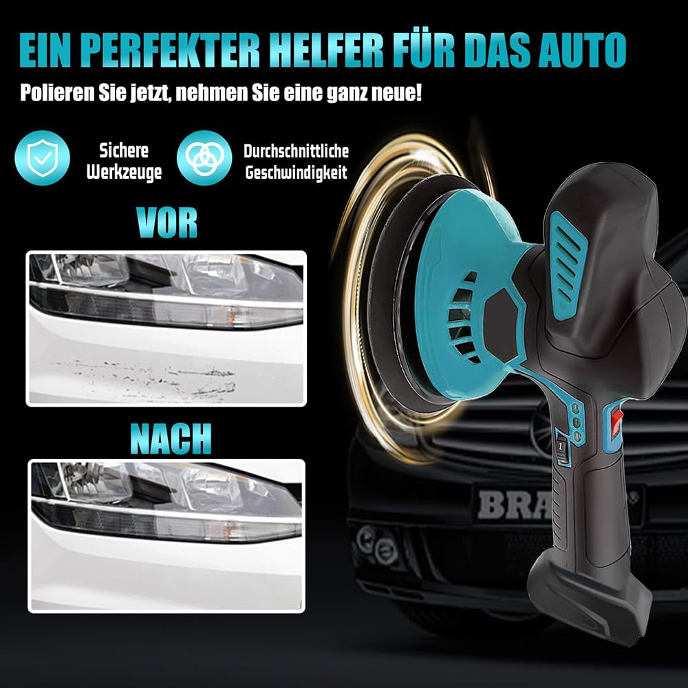 Poliermaschine Auto für Bosch 18V PBA,6 Variable Geschwindigkeit Auto Poliermaschine zum Polieren,Schleifen,145mm Polierschwamm (Ohne Akku)