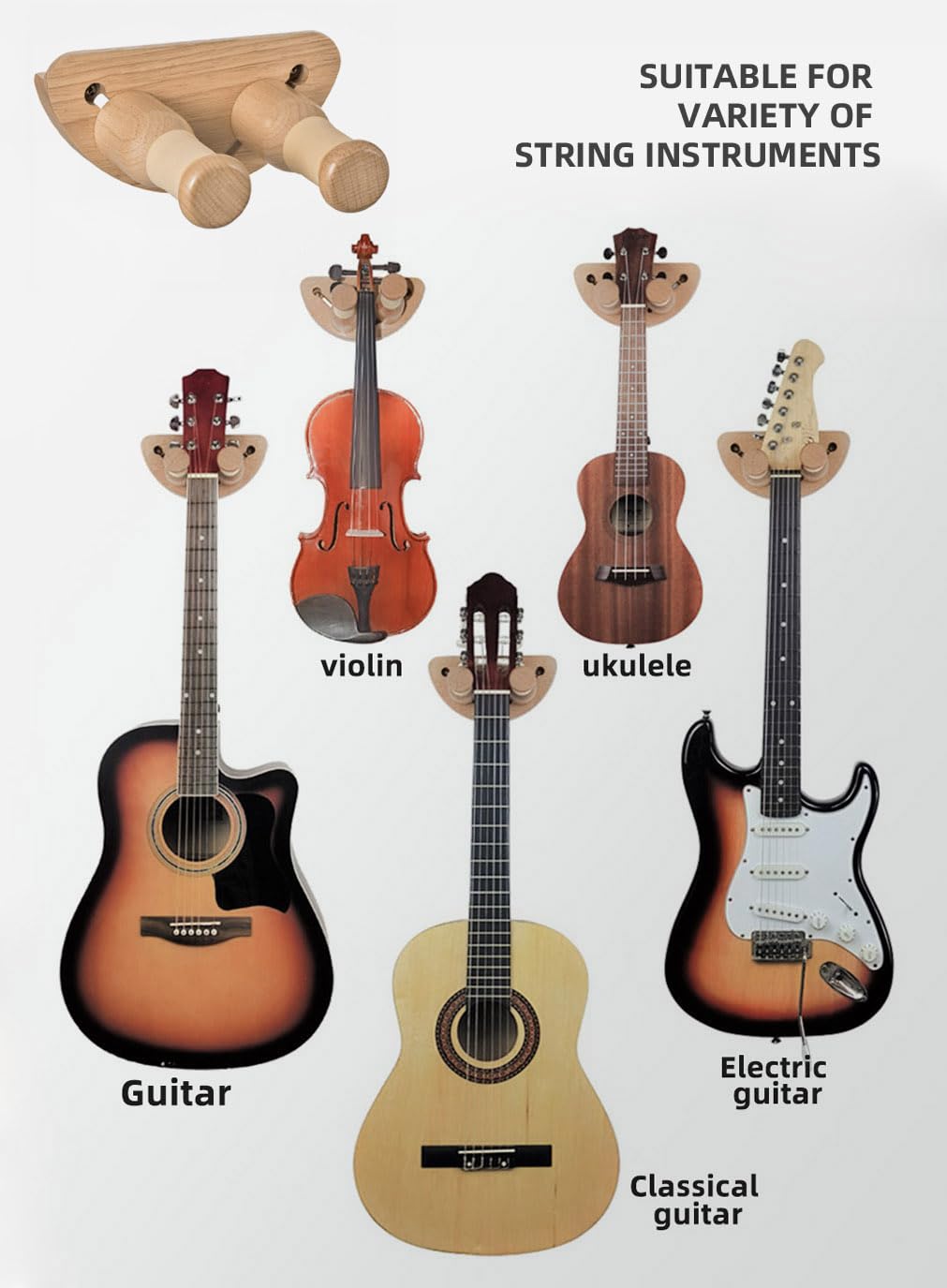 Supporto di Chitarra da Muro, Regolabile Gancio di Legno Supporto da Parete in Legno per Chitarra, Basso, Banjo, Ukulele