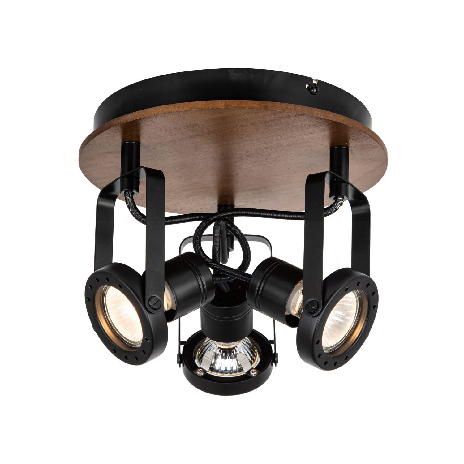 Cosylyte Riverton 3 Light Industrial Matt Black Spotlight with Walnut Finish Wooden Backplate, 22x22x17cm, 3xGU10. Max. 10W LED (Bulb not Included)