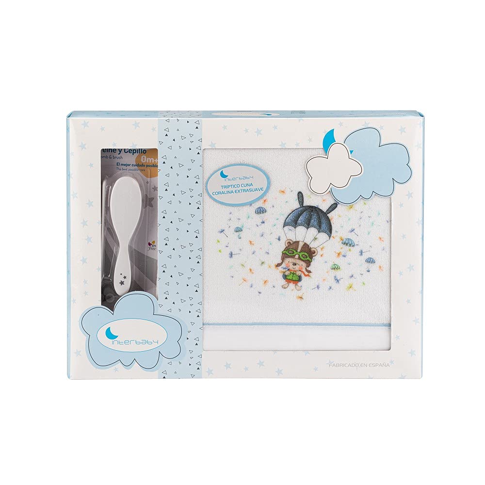 Interbaby Sábanas Cuna Invierno 3 Piezas de Coralina Extrasuave (Bajera Ajustable, encimera y Funda de Almohada) (Paracaidas BCO Azul)
