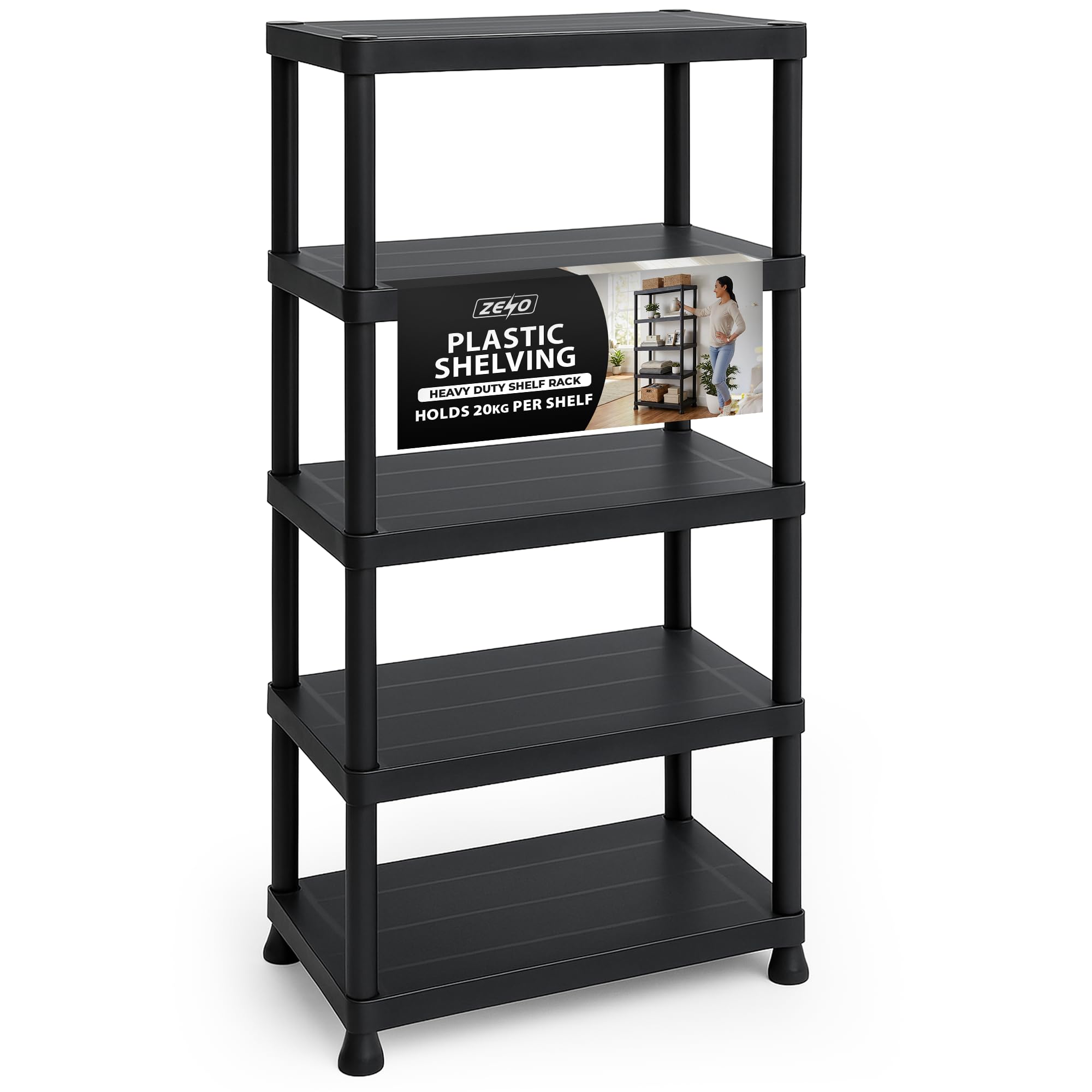 ZENO Plastic Shelving Unit 5 Tier | Storage Shelves 100KG Total Load Capacity | Plastic Shelving for Home Garage, Kitchen, Shed and Workshop | Heavy Duty Stable Frame | Easy Tool Free Assembly