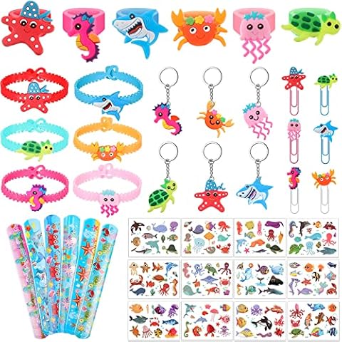 Chalyna 42 Pcs Marine Animals Theme Party Bag Fillers for Kids Favors Include Rings, Bracelets, Keychain, Slap Bracelets, Bookmark, Temporary Tattoo Stickers for Kids Girls Boys Birthday Ocean Gifts Cover