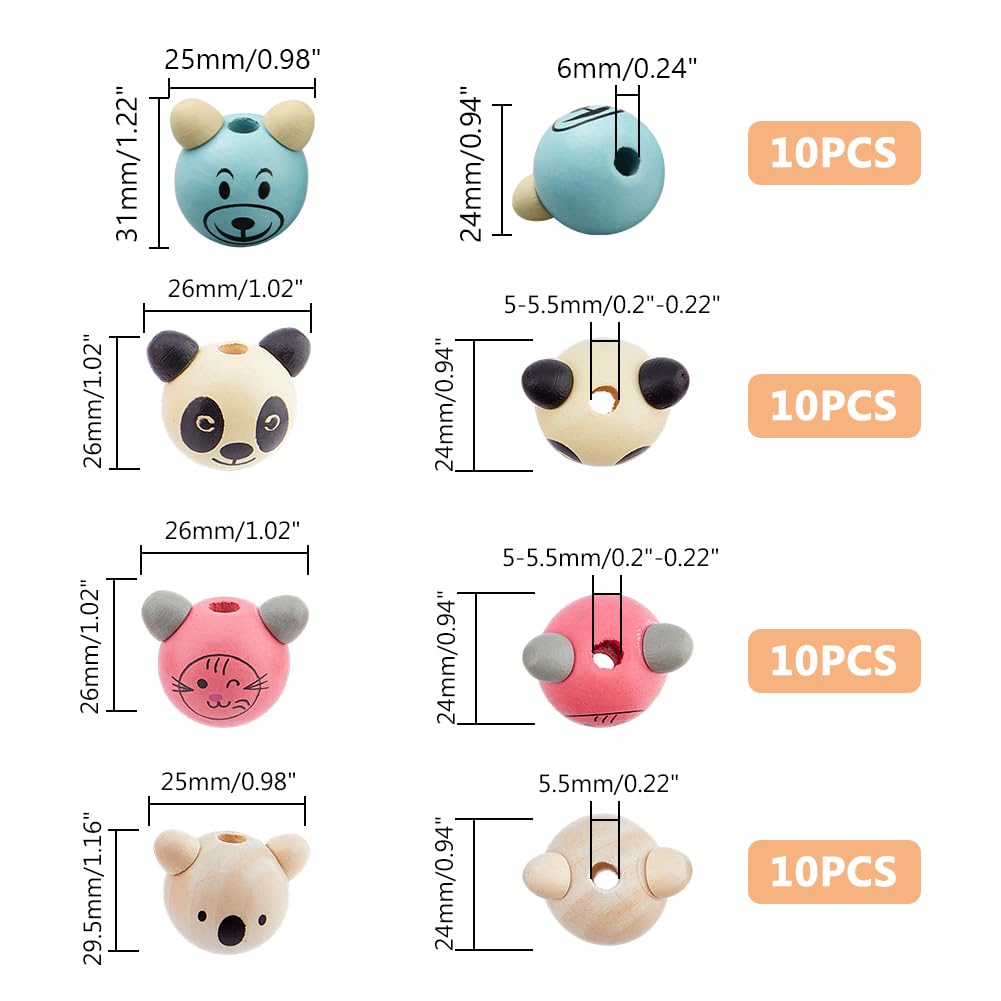 DICOSMETIC 40 piezas cuentas de madera pintadas cabeza de oso perlas redondas de madera natural perlas espaciadoras koala panda granel perlas para la fabricación de collares de pulseras y joyas