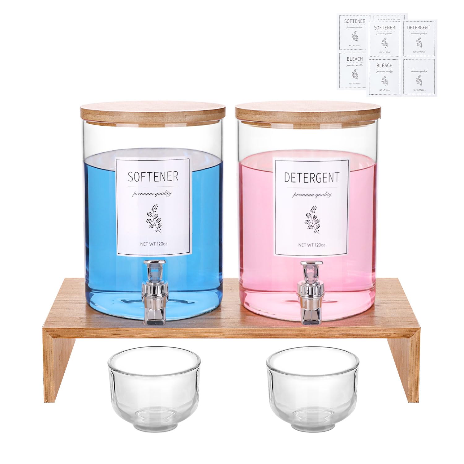 Photo 1 of Laundry Detergent Dispenser Set with Bamboo Lids, Shelf Stand, Spouts,8 Waterproof Labels,2 Glass Cups for Liquid Detergent - 2 Pack 120 oz Glass Containers for Laundry Room Organization and Decor