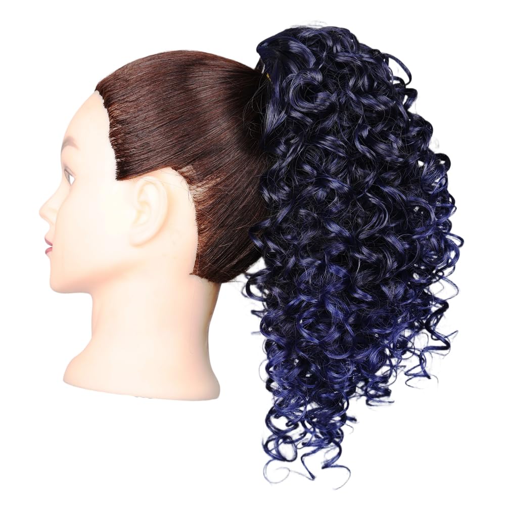 Xiaofeng Spring Curly Ponytail Hairpiece Black to Dark Blue Drawstring Synthetic Ponytail Extension for Women and Girls Daily Use (1B/A28, 12 Inches)