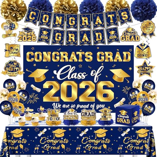 Graduation Decorations 2026 Sky Blue and Gold Class of 2026 Banner Congrats Grad Backdrop Tablecloth Balloons Hanging Swirls Honeycombs Cupcake Toppers Box Pompoms for Graduation Party Decor Supplies