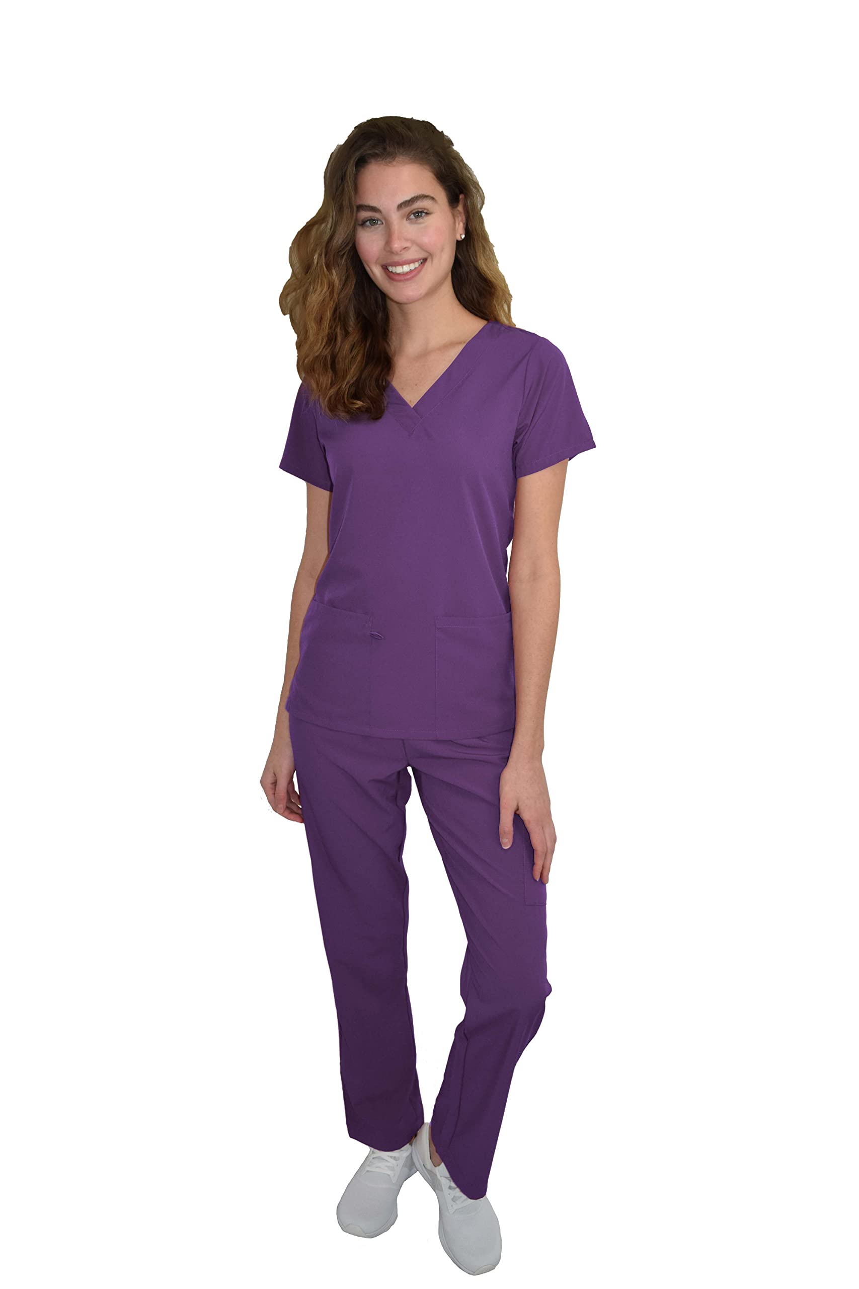 Green Town Scrubs for Women Scrub Set - V-Neck Top and Straight Leg Pant, 5 Pockets, Easy Care-Eggplant/Lotus-XXX-Large