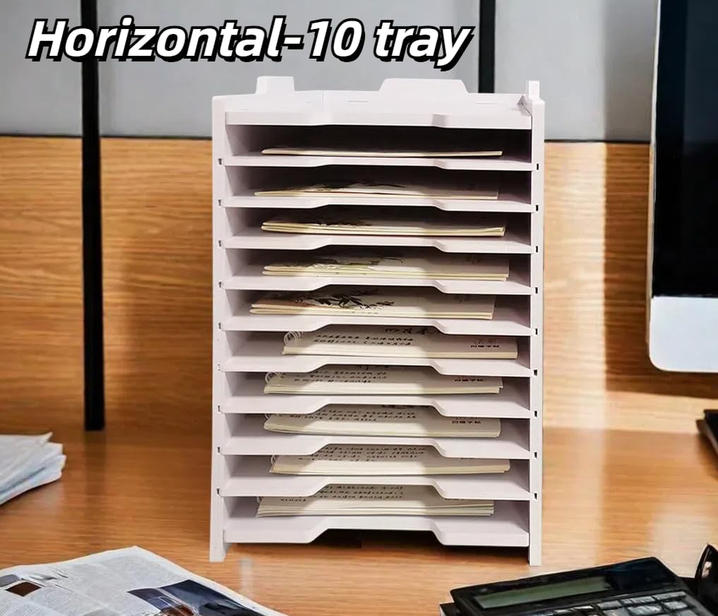 Bandeja de madera A4 para cartas, organizador de papel con estantes ajustables, clasificador de archivos apilable para notas, bolígrafos, papel de archivo y escritorio (paisaje, 10 bandejas (con 9