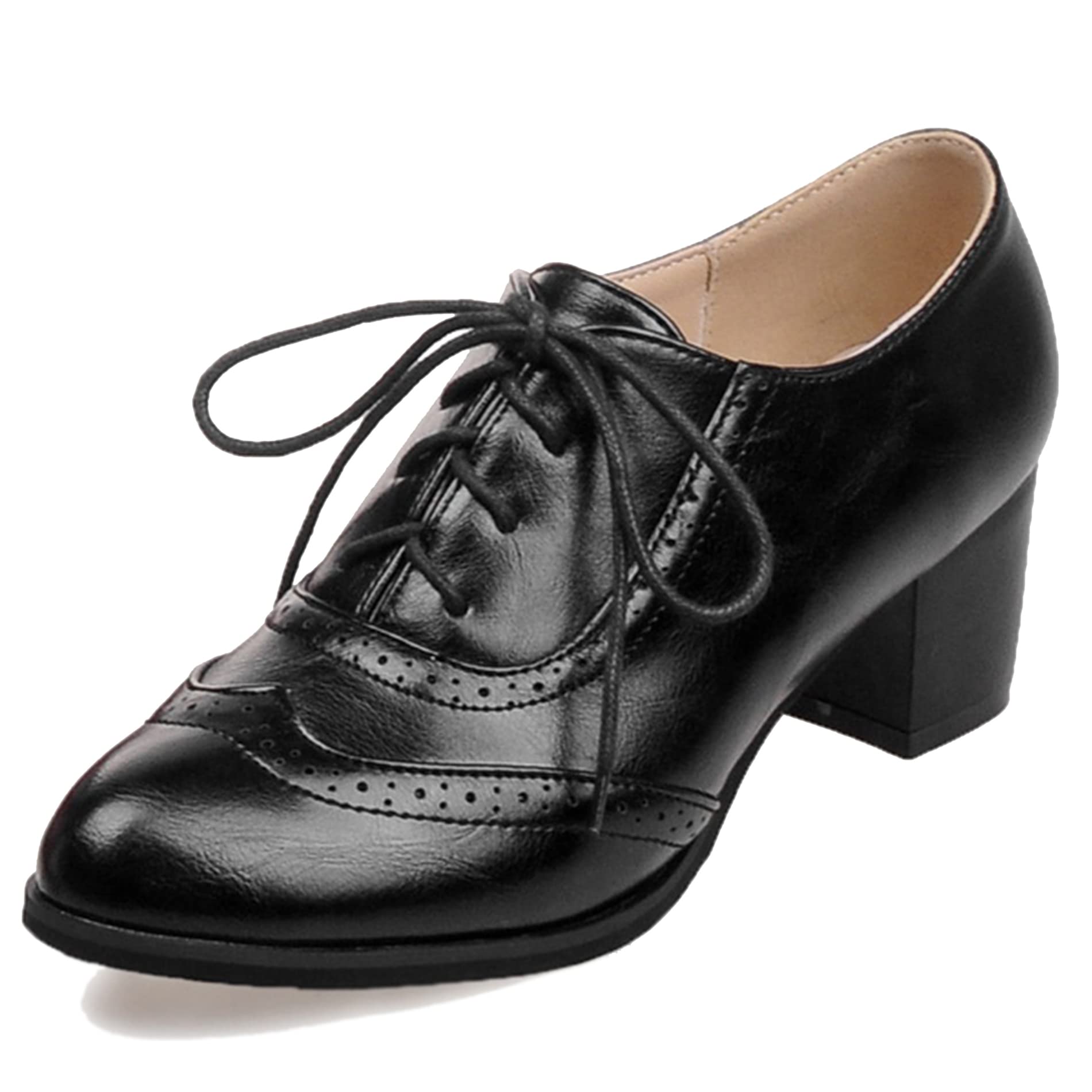 Women Block Heel Oxfords Mid Heel Pumps Round Toe Lace Up Brogue Shoes Classic Size 1-14 5