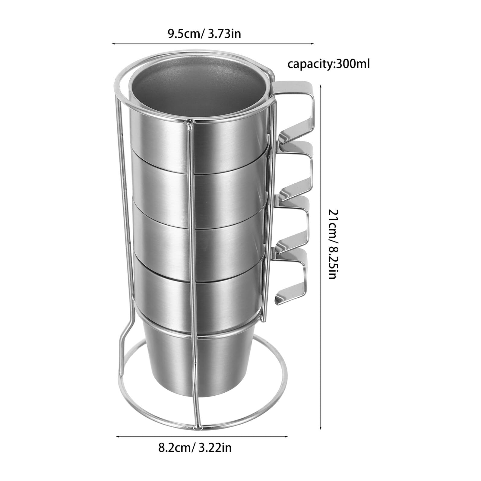 Tazza per Ragazzo Ragazza in Acciaio Inox Doppia Parete 300ml Argento | Manico e Rack, Set 1 Pezzo Impilabile, Adatta a Tè, Caffè e Bevande Fredde