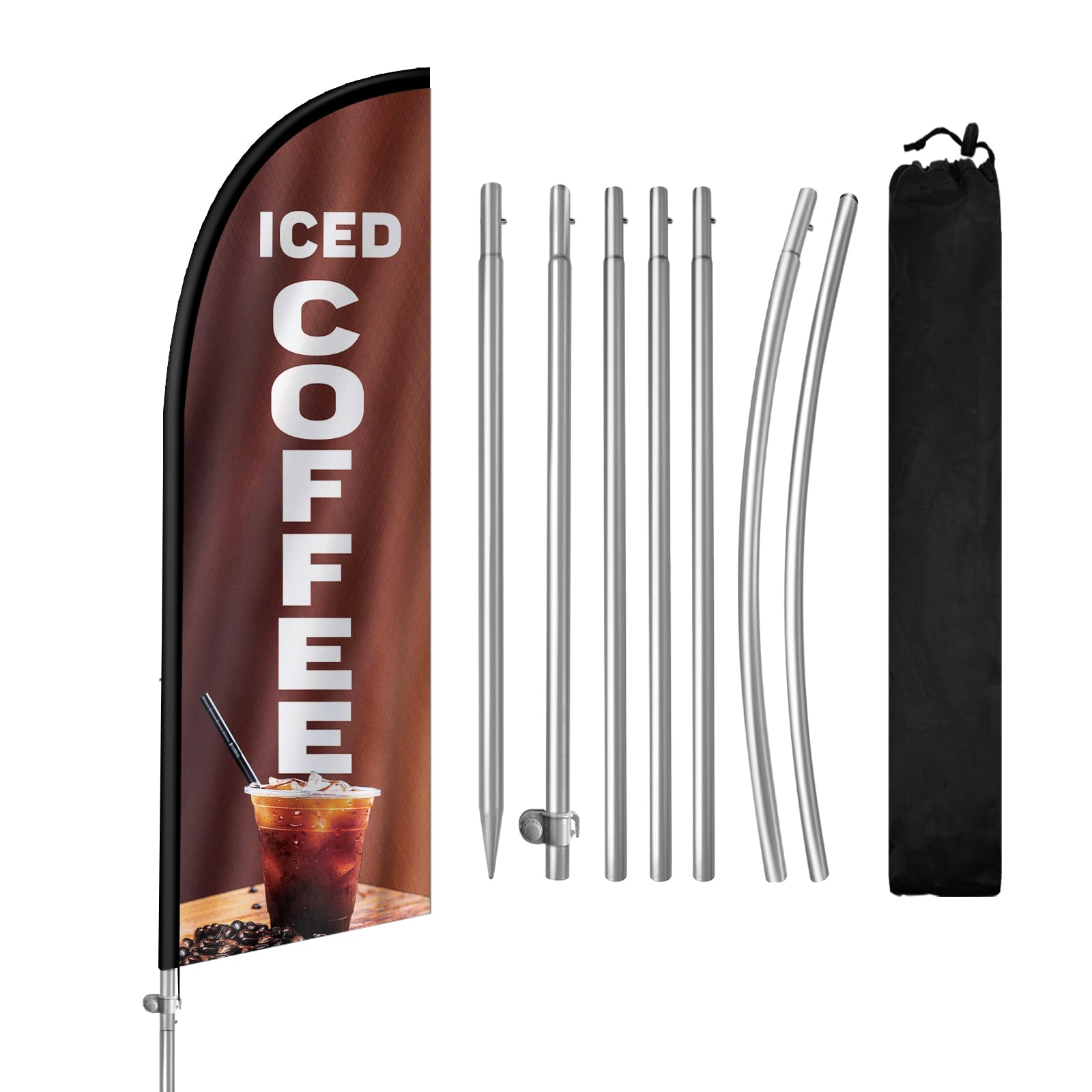 QSUM Ice Coffee Flag for Business, Ice Coffee 8FT Polyester Advertising Swooper Flag with Aluminium Alloy Flag Pole Kit, Stainless Steel, Ground Spike, Portable Bag