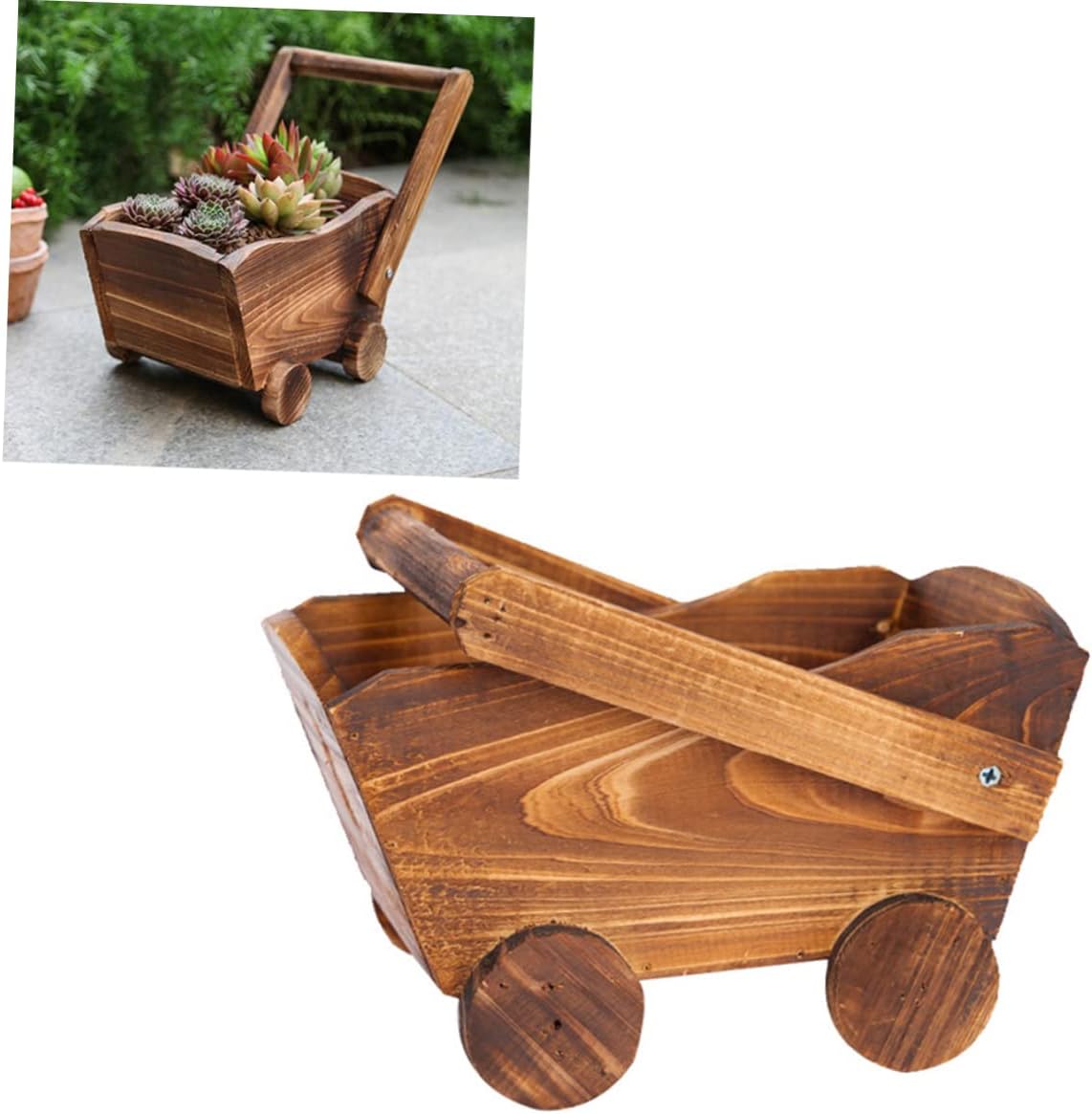 Mipcase Cartoon Cart Flower Pot for Succulents Natural Carbonized Imitation Wood Nursery Basin with Drainage Decorative Planter for Home and Garden