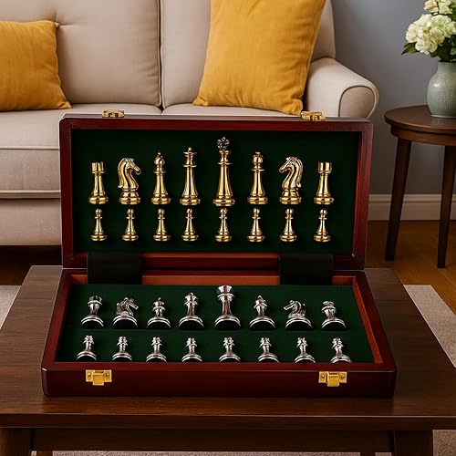 Miniatura 8 de Juego de ajedrez de metal grande de 11 pulgadas, caja de madera portátil con piezas de aleación, tablero plegable, ideal para adultos
