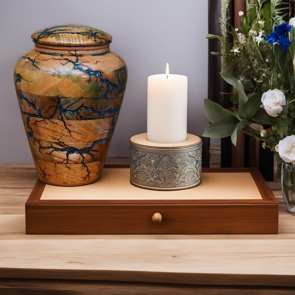 Urna de madera de mango azul océano con patrón de mármol para cenizas adultas, 10 x 7.5 x 8 pulgadas, 250 pulgadas cúbicas, urna de cremación