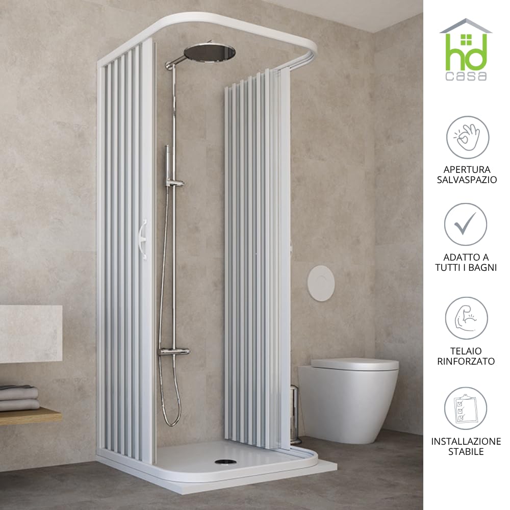 HD CASA Box Doccia a Soffietto Modello Dora, Apertura Centrale a 3 Lati Riducibile, Cabina Doccia Angolare Salvaspazio in PVC Made in Italy, arredo bagno 75x75x75 cm