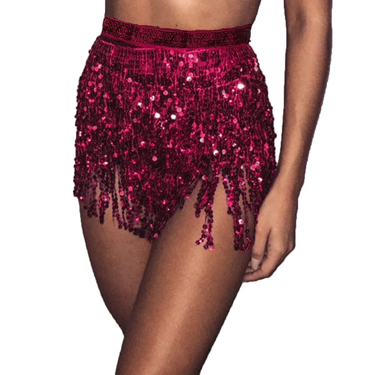 BufeniaWomen's Belly Dance Hip Skirt Tassel Sequins Hip Scarf Strappy Wrap Rave Skirts Halloween Costume Club Festival