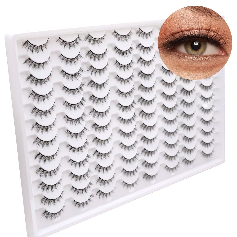 Azenlo False Eyelashes 48 Pairs Faux Mink Lashes 14mm Wispy Lashes 3D Fluffy Cat Eye Lashes Pack Bulk Wholesale Strip Lashes(style 48-038)