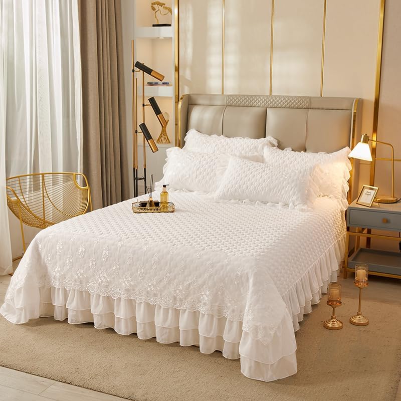 Plaid Quilted Ruffle Bedspread with Lace Decor, Queen, White