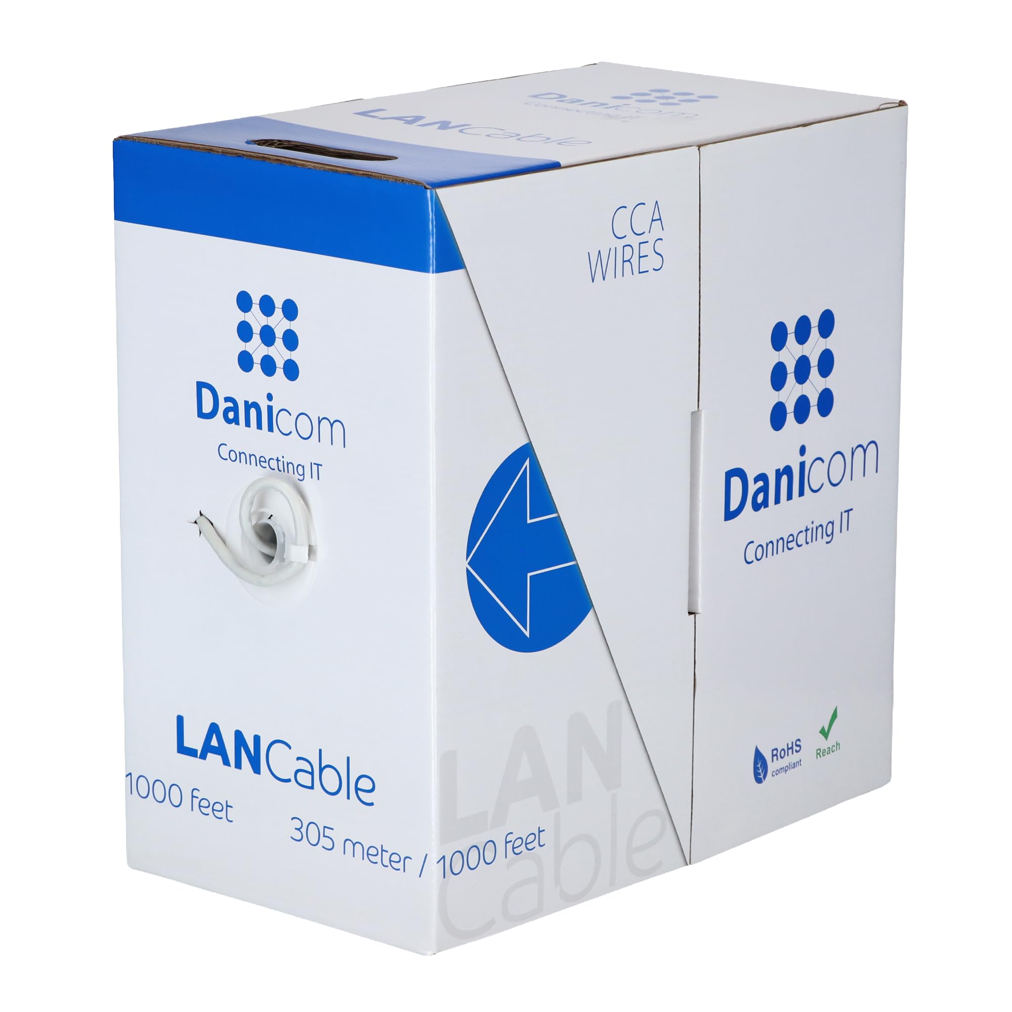 Danicom Rouleau câble rigide gris Cat6 SF/UTP CCA - 305m, POE, Ethernet, LAN, câble de raccordement, câble de données, RJ45 - pour armoire de serveur, commutateurs, routeurs, modems !