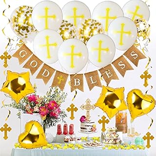 Elkanah Christening Decorations for Boys Girls First Communion Decorations Confirmation Decorations 1st Holy Communion Decor Baptism Decorations Christening Banner Cross Cake Topper Balloons