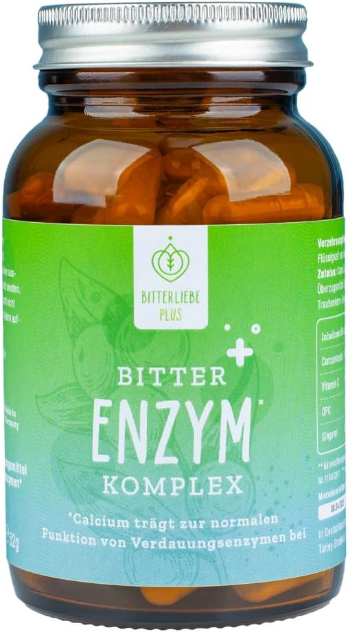 BitterLiebe Bitter Enzyme Complex Capsules with 5 Digestive Enzymes - Against Bloating - with Papain, Lactase, Alpha Amylase, Lipase and Protease - Monthly Pack