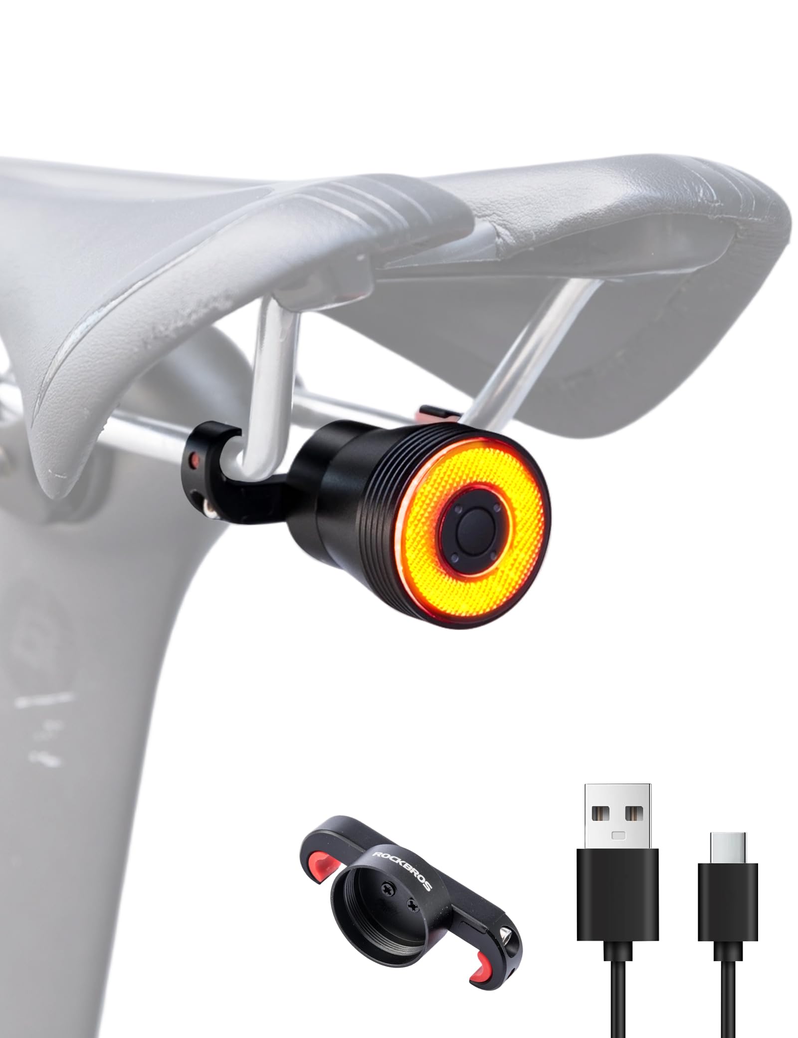 ROCKBROS Inteligentne tylne światło rowerowe 60 lumenów, światło rowerowe z możliwością ładowania przez USB-C, 4 tryby pracy, wodoodporność IP65