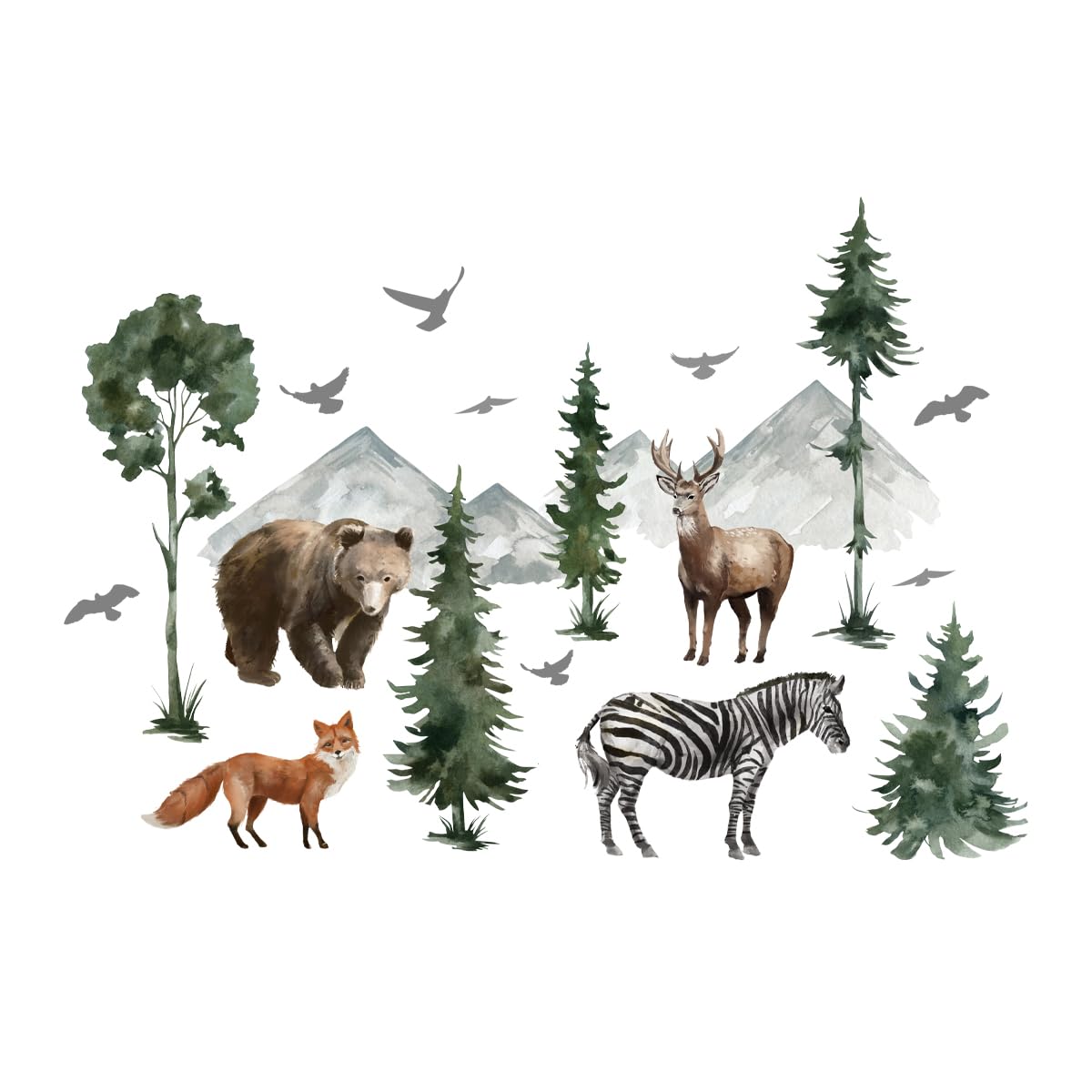 Runtoo Woodland Animals Wall Decals Fox Zebra Bear Pine Tree Wall Stickers Baby Nursery Kids Bedroom Classroom Home Decor - Image 2