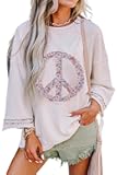 KevaMolly Womens Floral Peace Symbol Drop Shoulder Sweatshirt Oversize Crewneck Casual Pullover (Runs Large, Size Down)