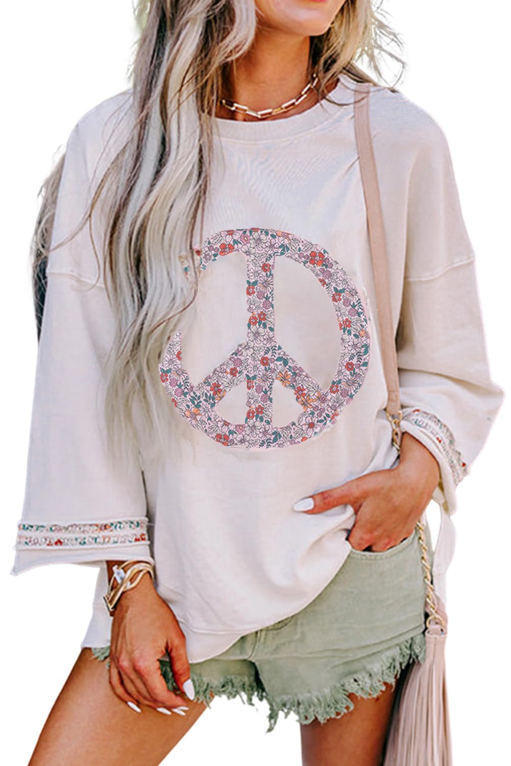 KevaMolly Womens Long Sleeve Tops Floral Peace Symbol Drop Shoulder Sweatshirt Crewneck Casual Pullover Top