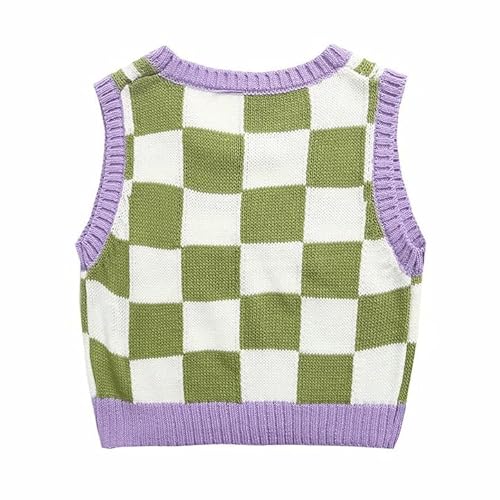 Tjlss Ladies Patchwork Plaid Short Knit Tank Top Sweater Round Neck Sleeveless Tank Top (Color : A, Size : S Code) #TOP2