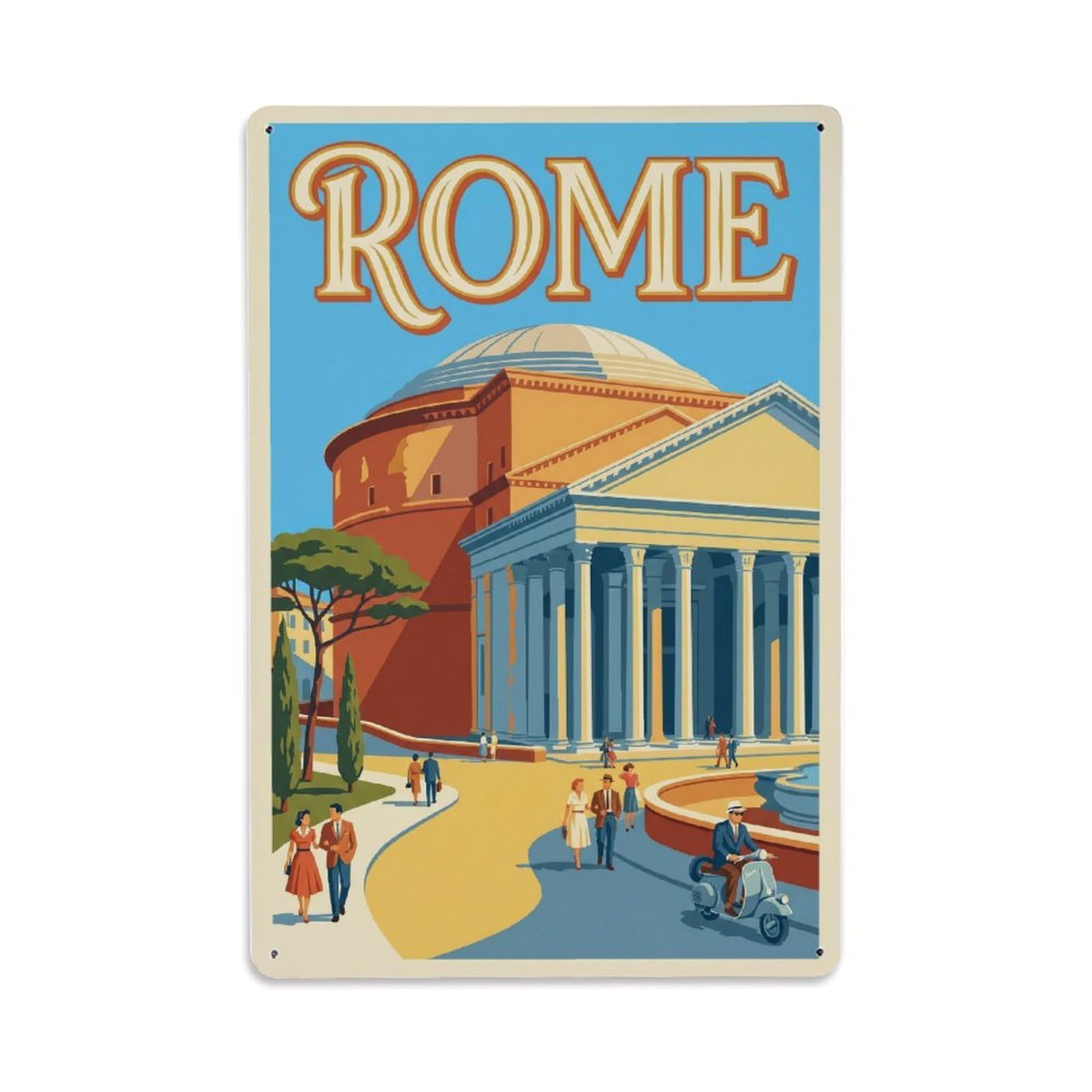 Vintage Travel Rome Pantheon Blue Sky Sunny Day Italy Metal Tin Sign Plaque Wall Decor for Cafe, Club Bar, Office, Home Garden Metal Poster 8x12Inch