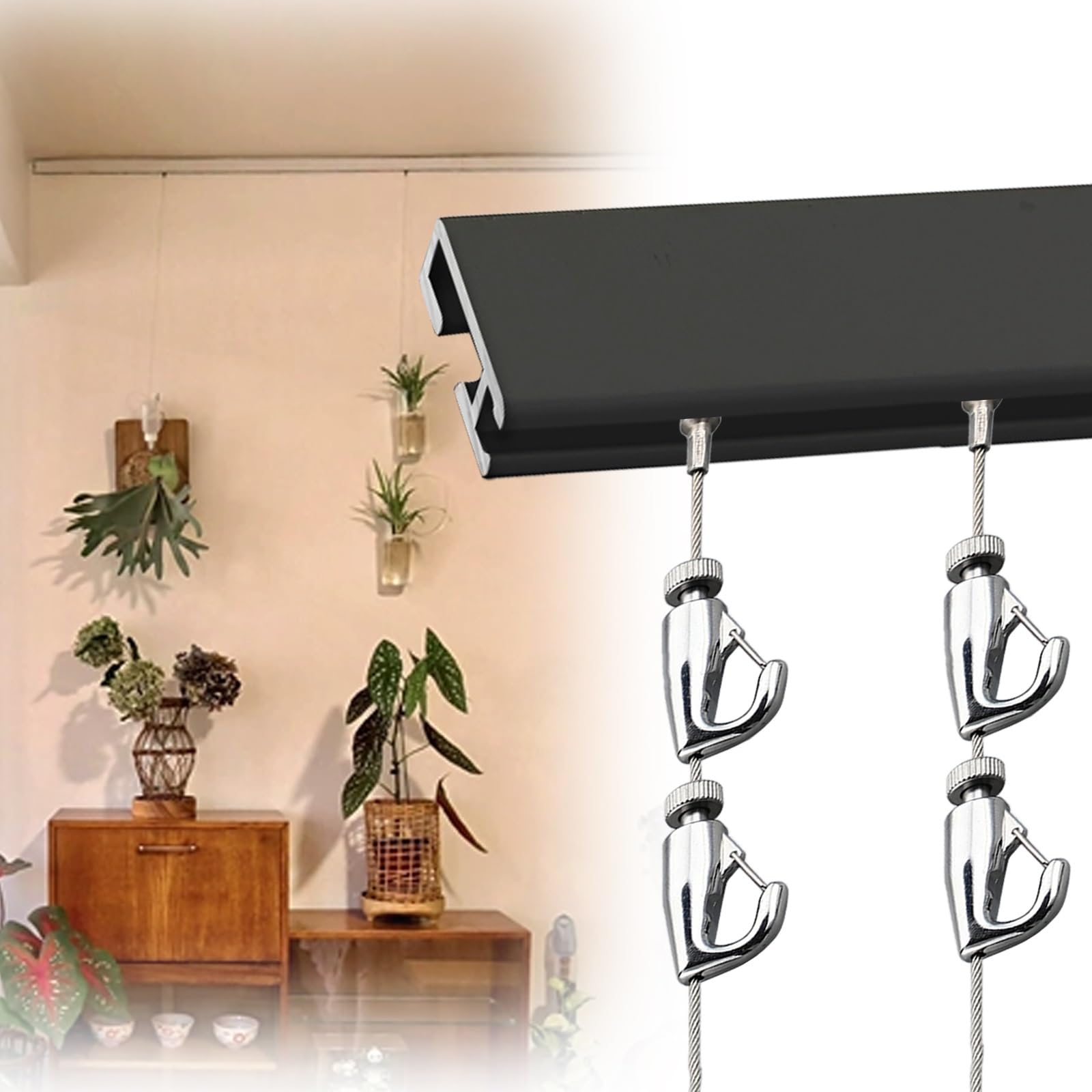Sistema de riel colgante de tensión ajustable para plantas y obras de arte, altura flexible y espaciado para decoración del hogar, galería, exhibiciones creativas y decoración de fotos