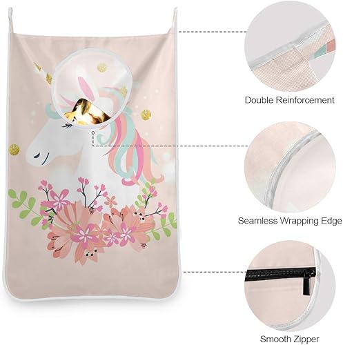 Miniatura 5 de Qilmy Bolsa colgante de unicornio para ropa sucia con ganchos para pared, puerta, armario, baño, 1 paquete