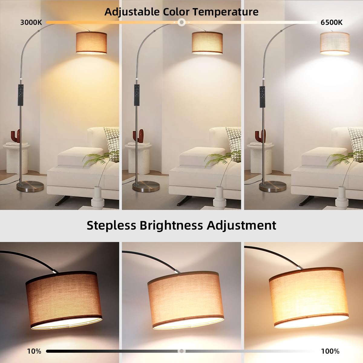 ANTENLICHT AURA Bogenlampe Stehlampe mit Fernbedienung Inklusive LED E27 | Wohnzimmer Stehlampe Dimmbar Nickel I Stoffschirm Braun I Fußschalter I Bogenleuchte Vintage für Schlafzimmer, Hotel