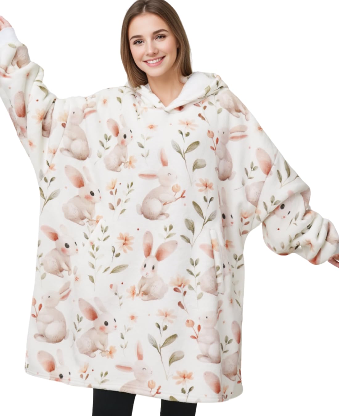 Huglanket Bunny Gifts for Women, Bunny Wearable Blanket Hoodie, Oversized Wearing Blanket for Rabbit Lovers, One Size Flannel Hooded Blanket, 170x122 CM, for Easter Christmas Birthday