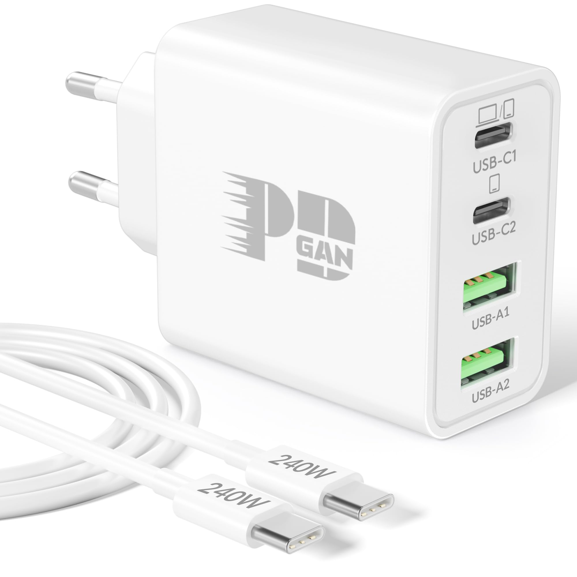 65W 4-Porte Caricatore USB C, GaN Charger con 2M Cavo per MacBook Air/Pro