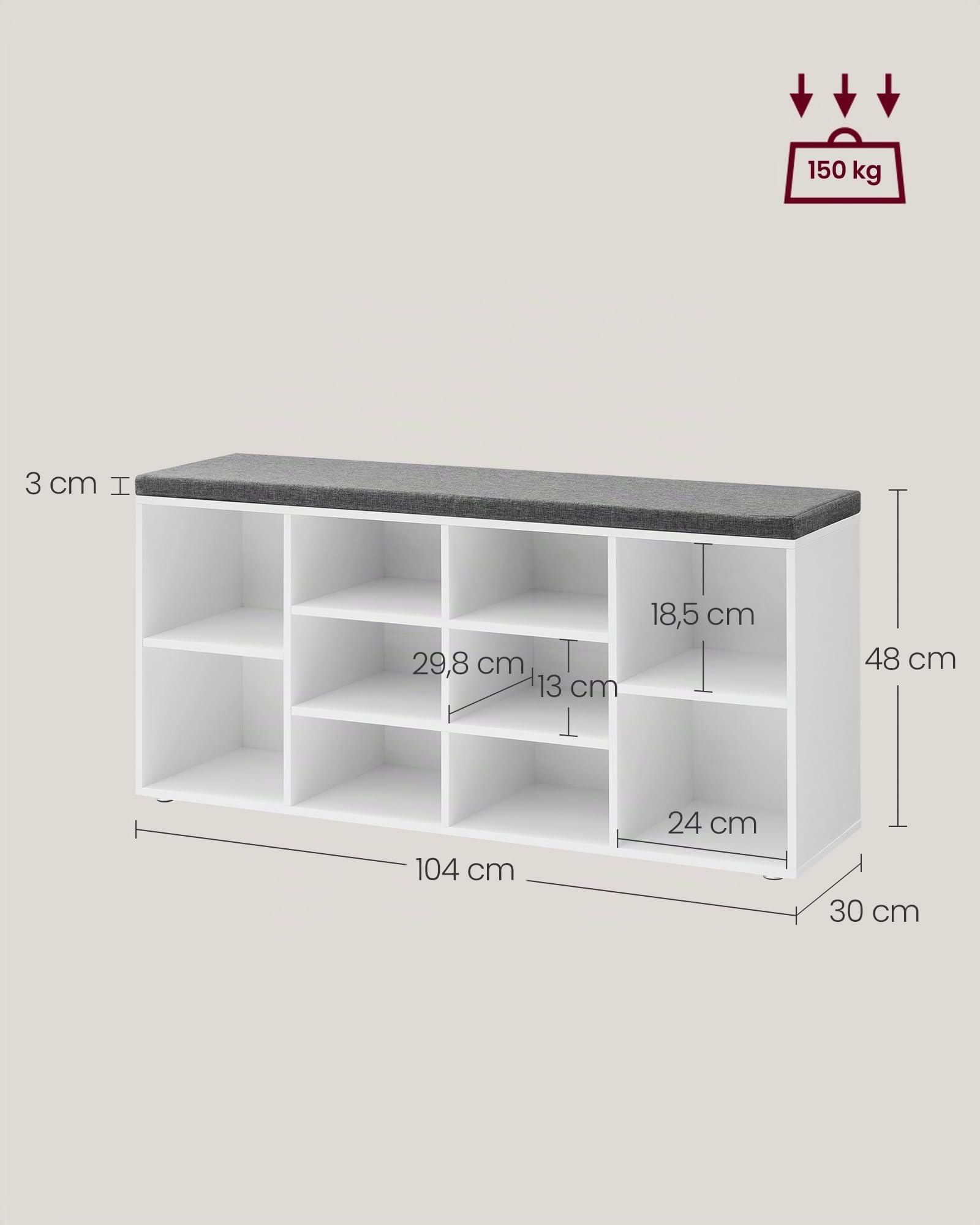 VASAGLE Custos Kollektion Schuhbank mit Sitzfläche, gepolstert, 10 Fächer, verstellbare Ablagen, 30 x 104 x 48 cm, weiß-grau LHS10WT
