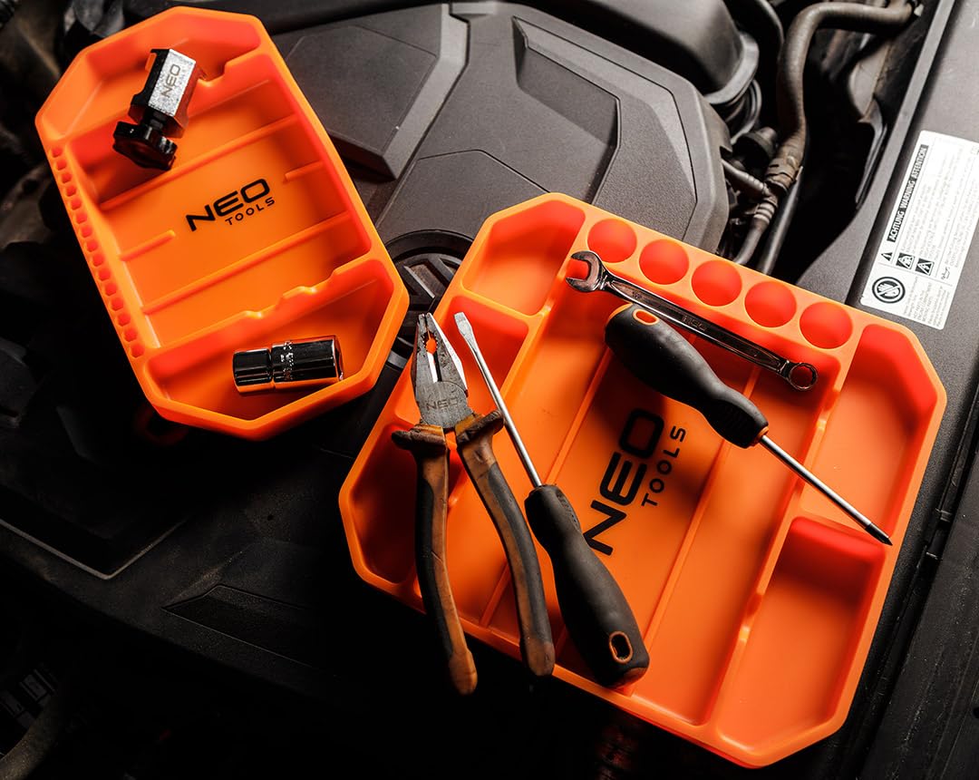 NEO TOOLS Bandeja de herramientas de silicona, 25,7 x 23,2 x 2,5 cm, 6 compartimentos, 5 portabrocas, antideslizante, ligera, protege herramientas y equipos de taller, flexible, antideslizante