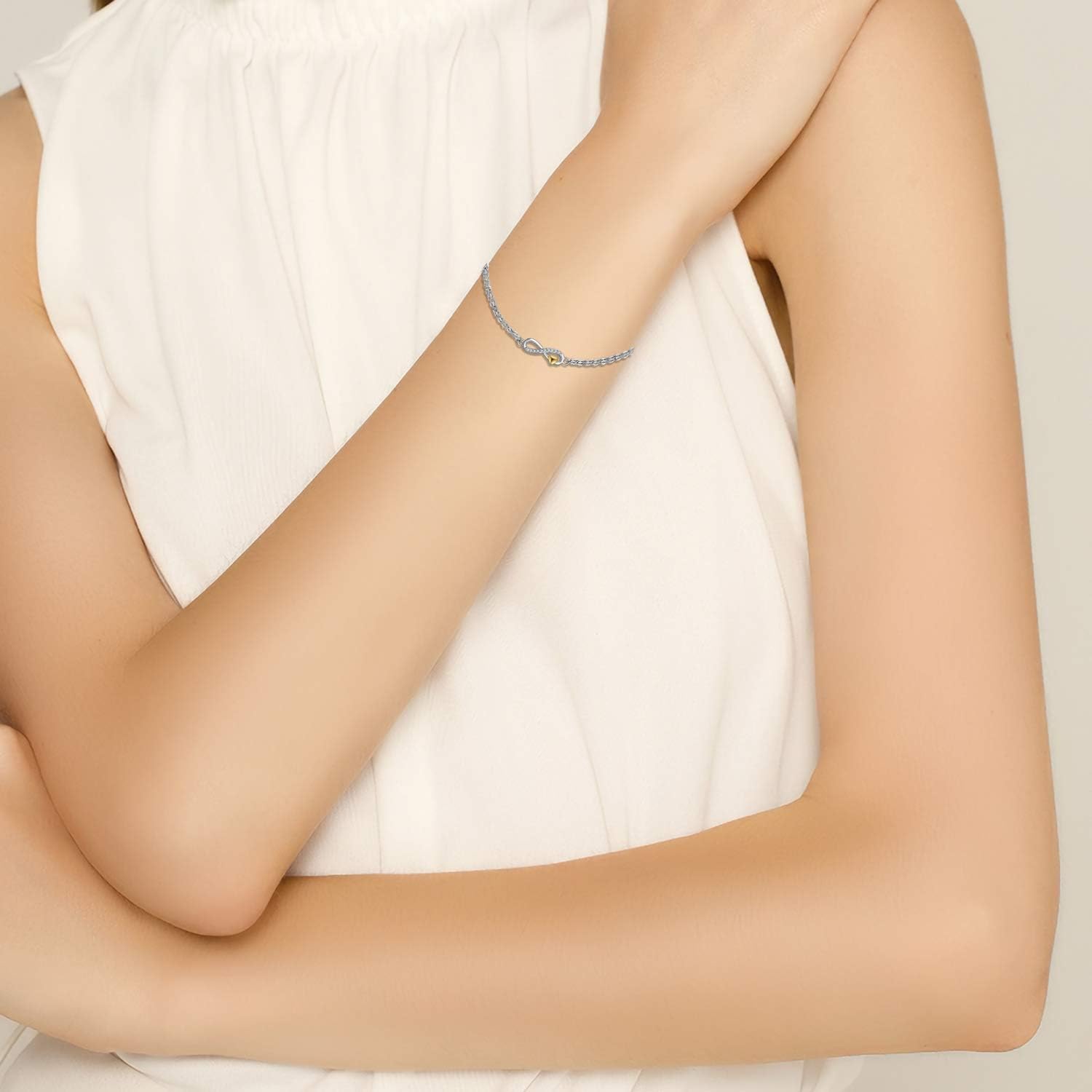SISGEM 14K Real Gold Heart Infinity Bracelet for Women,Yellow/White Gold Natural Diamond Infinity Beads Bracelets Valentine's Day Birthday Jewelry Gifts for Wife Mom 6.5''+1''+1''